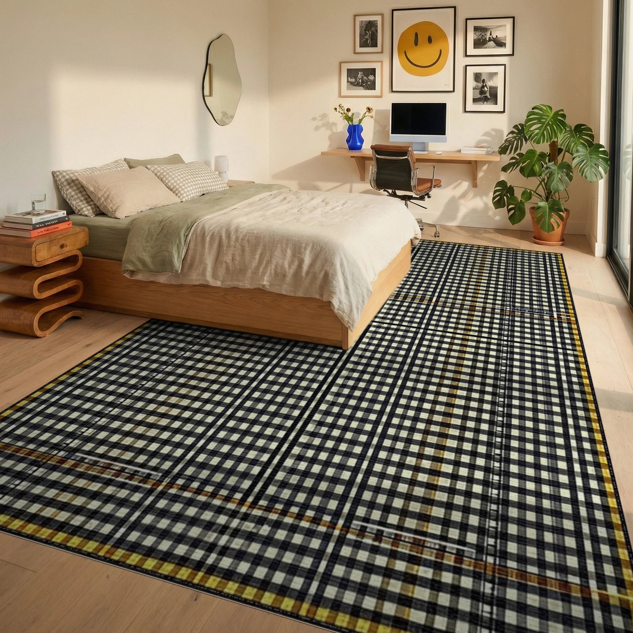 Classic Black White Gingham Plaid Rug - Bedroom View