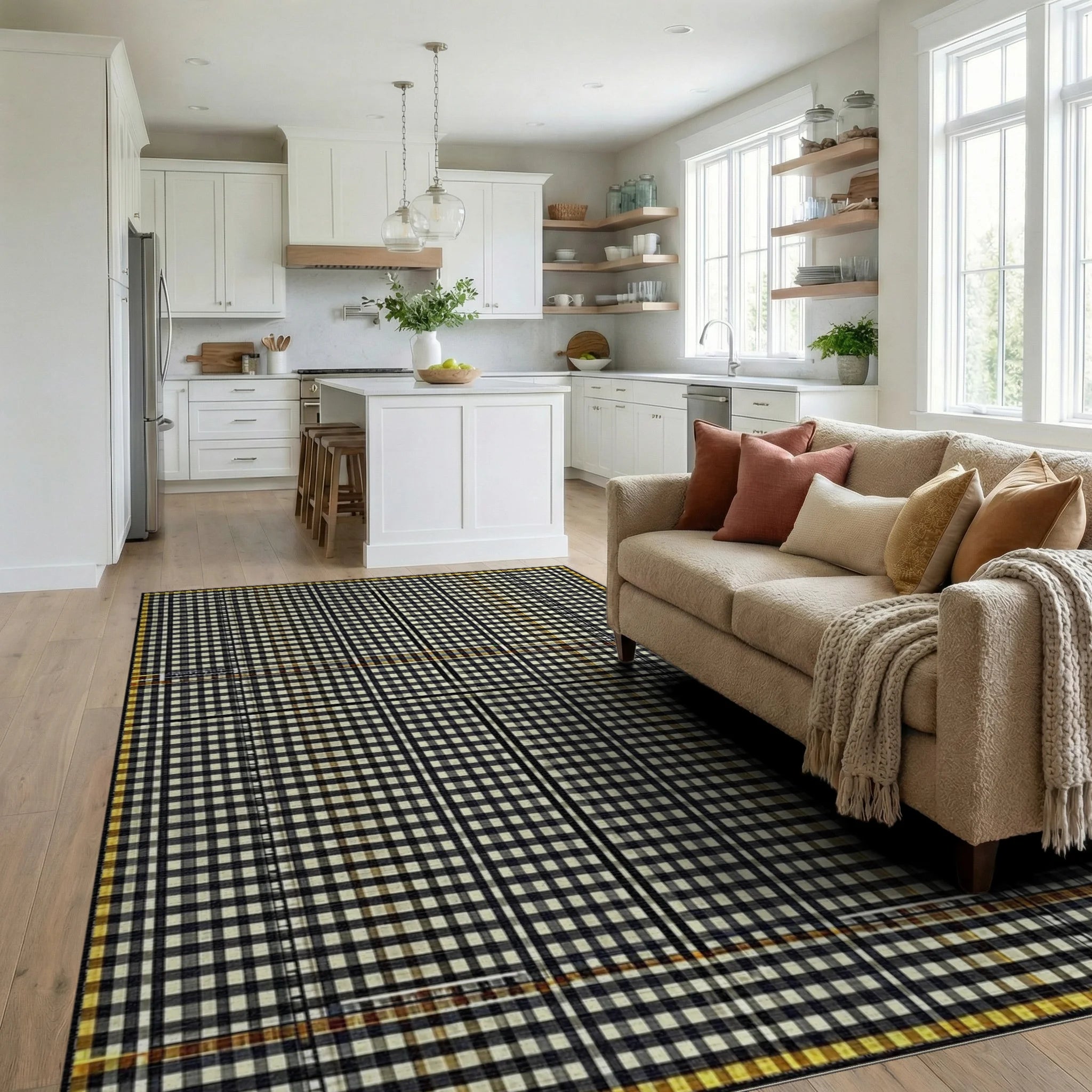 Classic Black White Gingham Plaid Rug - Living Room View