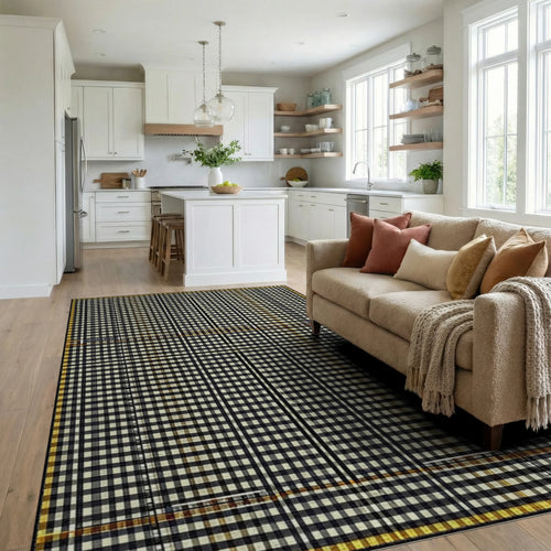 Classic Black White Gingham Plaid Rug - Living Room View