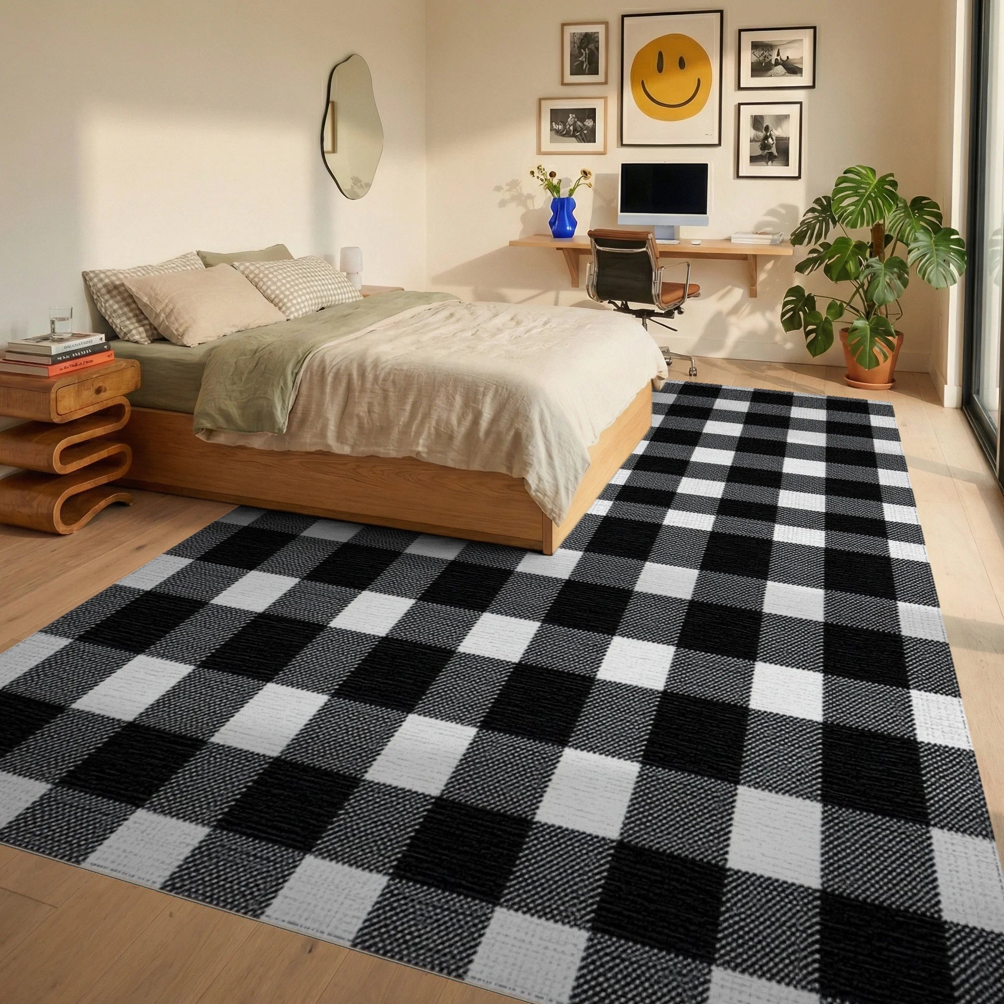 Classic Black White Gingham Squares Rug - Bedroom View