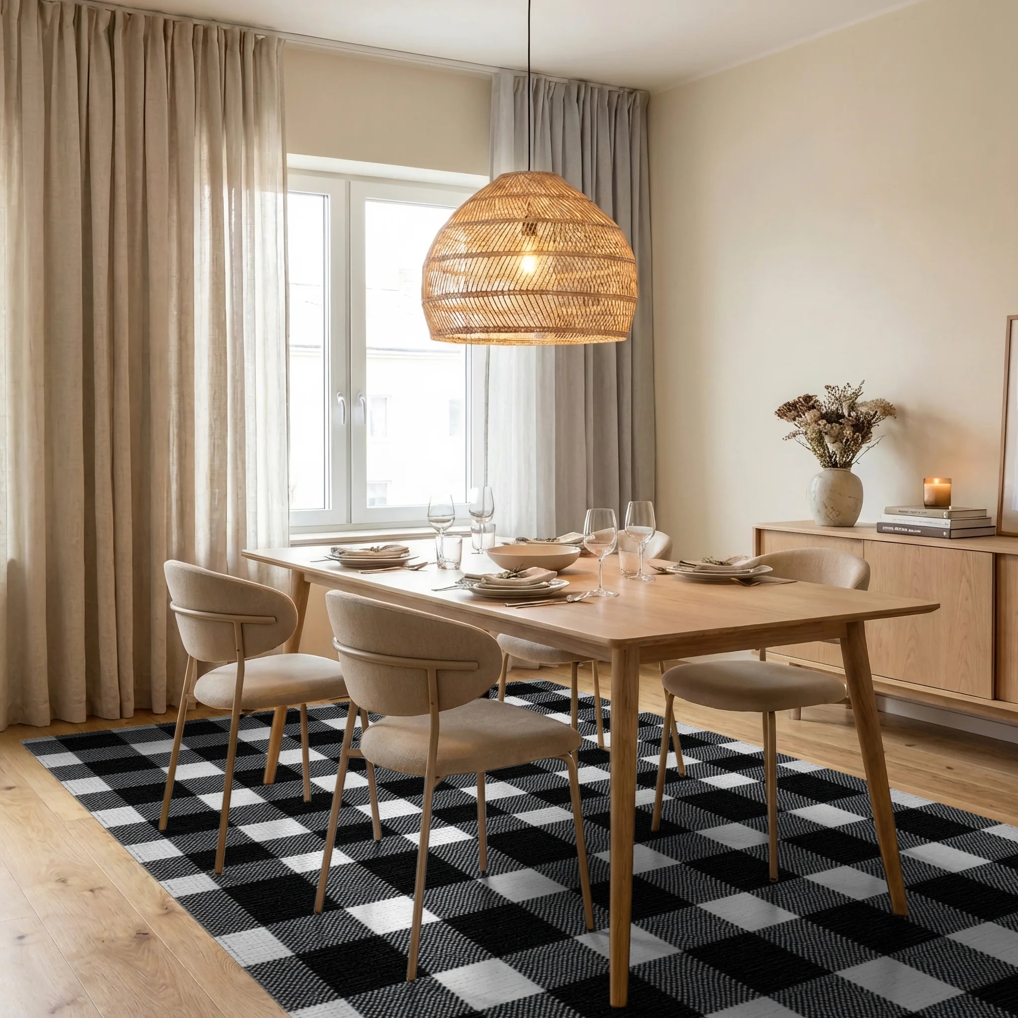 Classic Black White Gingham Squares Rug - Dining Room View