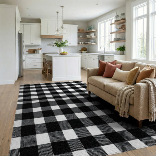 Classic Black White Gingham Squares Rug - Living Room View