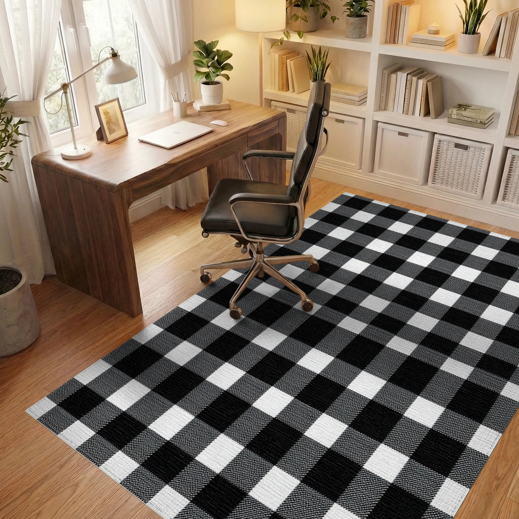 Classic Black White Gingham Squares Rug - Office View