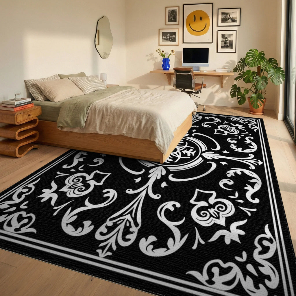 Classic Black White Scrollwork Floral Rug - Bedroom View