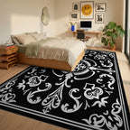 Classic Black White Scrollwork Floral Rug - Bedroom View