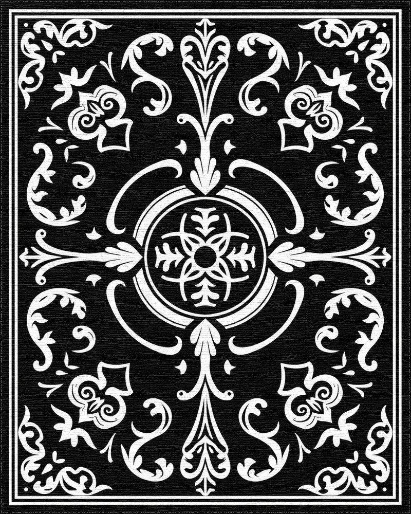 Classic Black White Scrollwork Floral Rug - Cutout View