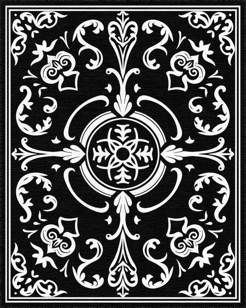 Classic Black White Scrollwork Floral Rug - Cutout View