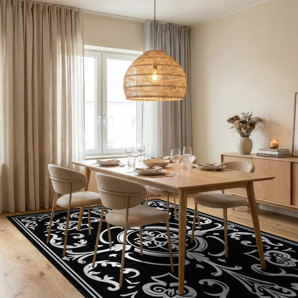 Classic Black White Scrollwork Floral Rug - Dining Room View