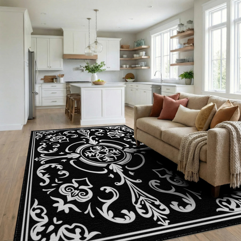 Classic Black White Scrollwork Floral Rug - Living Room View