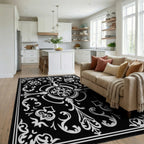 Classic Black White Scrollwork Floral Rug - Living Room View