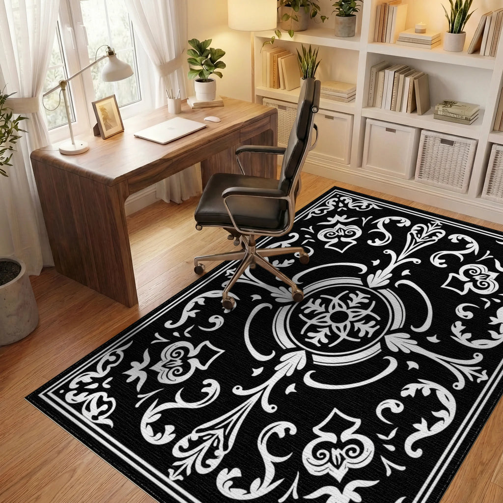 Classic Black White Scrollwork Floral Rug - Office View