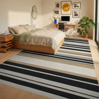Classic Black, White, Tan Stripes Rug - Bedroom View