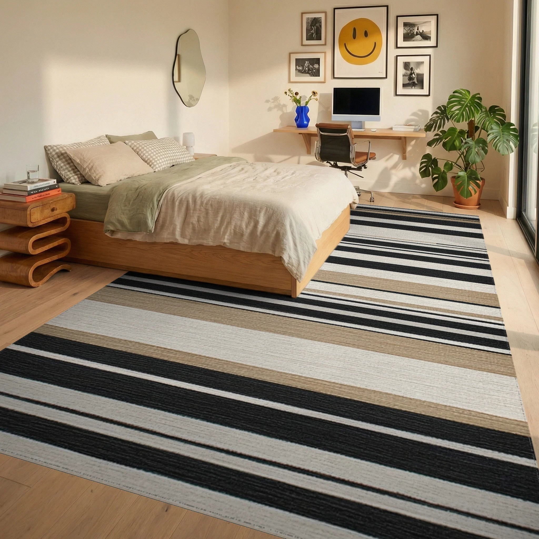 Classic Black, White, Tan Stripes Rug - Bedroom View