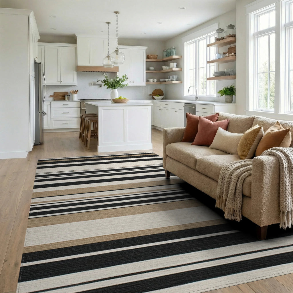 Classic Black, White, Tan Stripes Rug - Living Room View