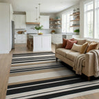 Classic Black, White, Tan Stripes Rug - Living Room View