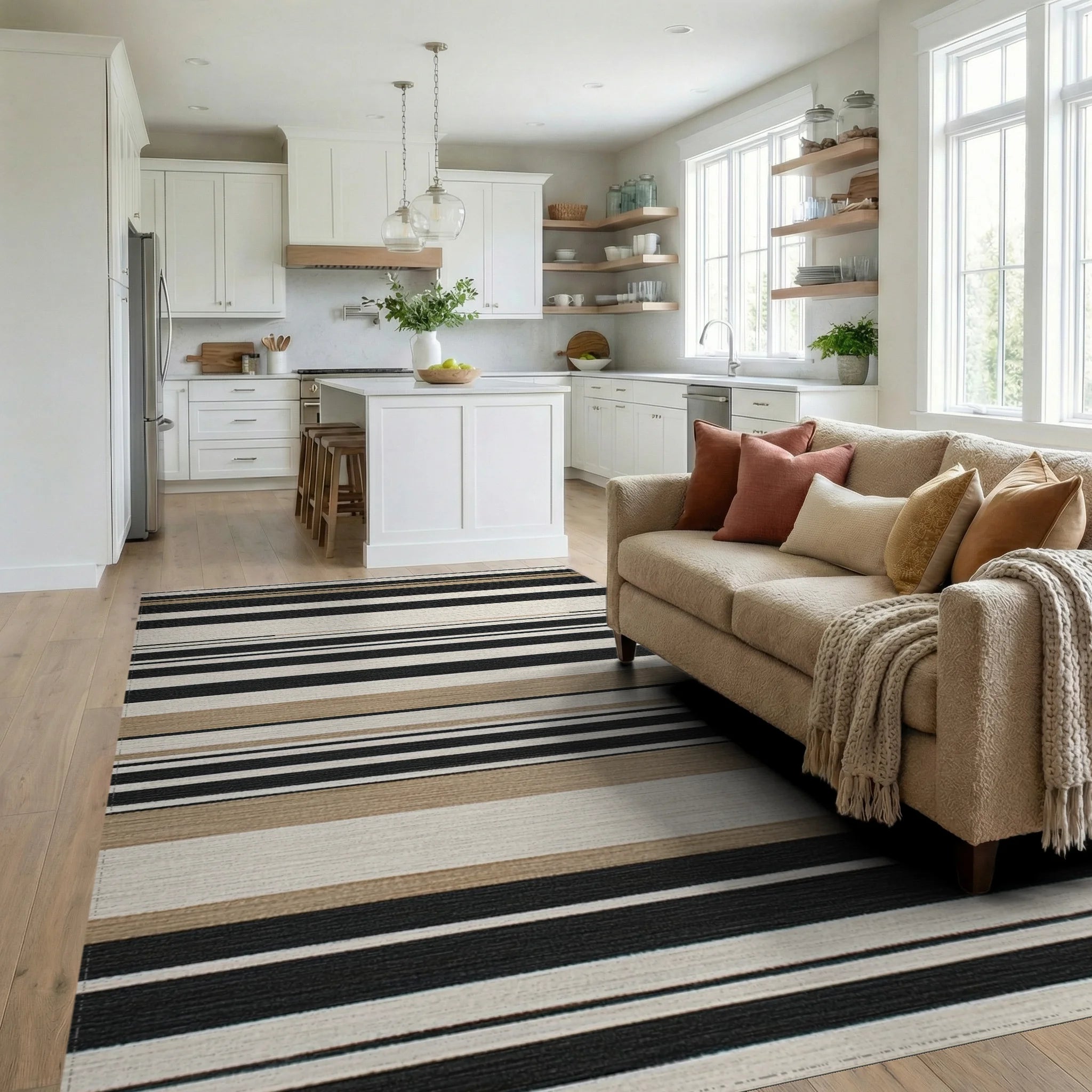 Classic Black, White, Tan Stripes Rug - Living Room View