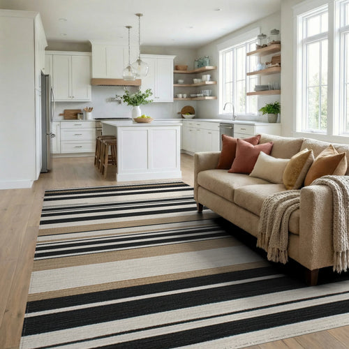 Classic Black, White, Tan Stripes Rug - Living Room View