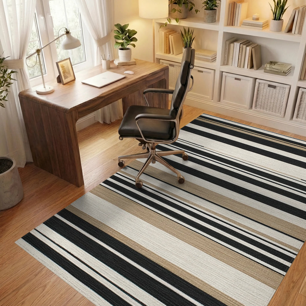 Classic Black, White, Tan Stripes Rug - Office View