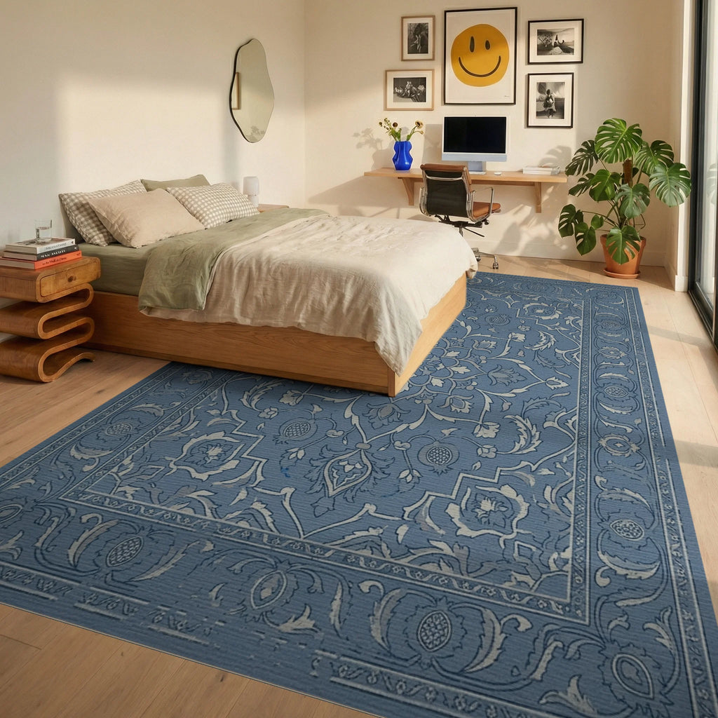Classic Blue Floral Medallion Frame Rug Bedroom View