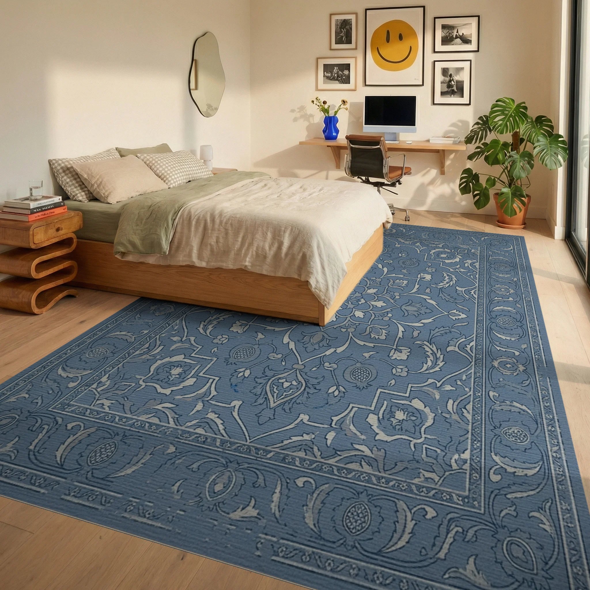 Classic Blue Floral Medallion Frame Rug Bedroom View