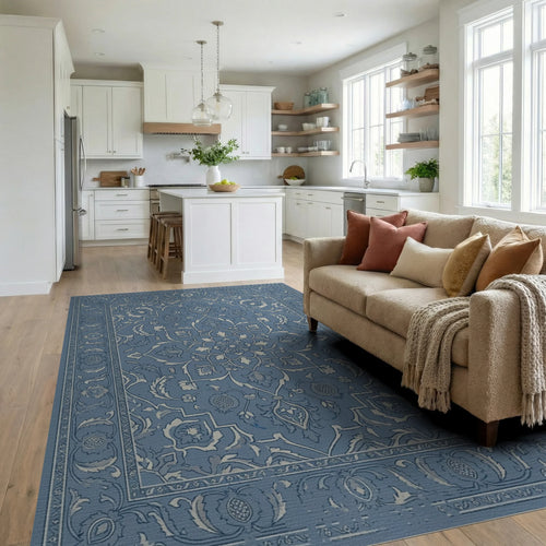 Classic Blue Floral Medallion Frame Rug Living Room View