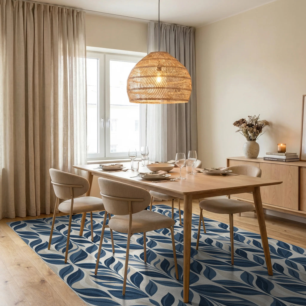 Classic Blue Leaf Archway Rug Dining Room View