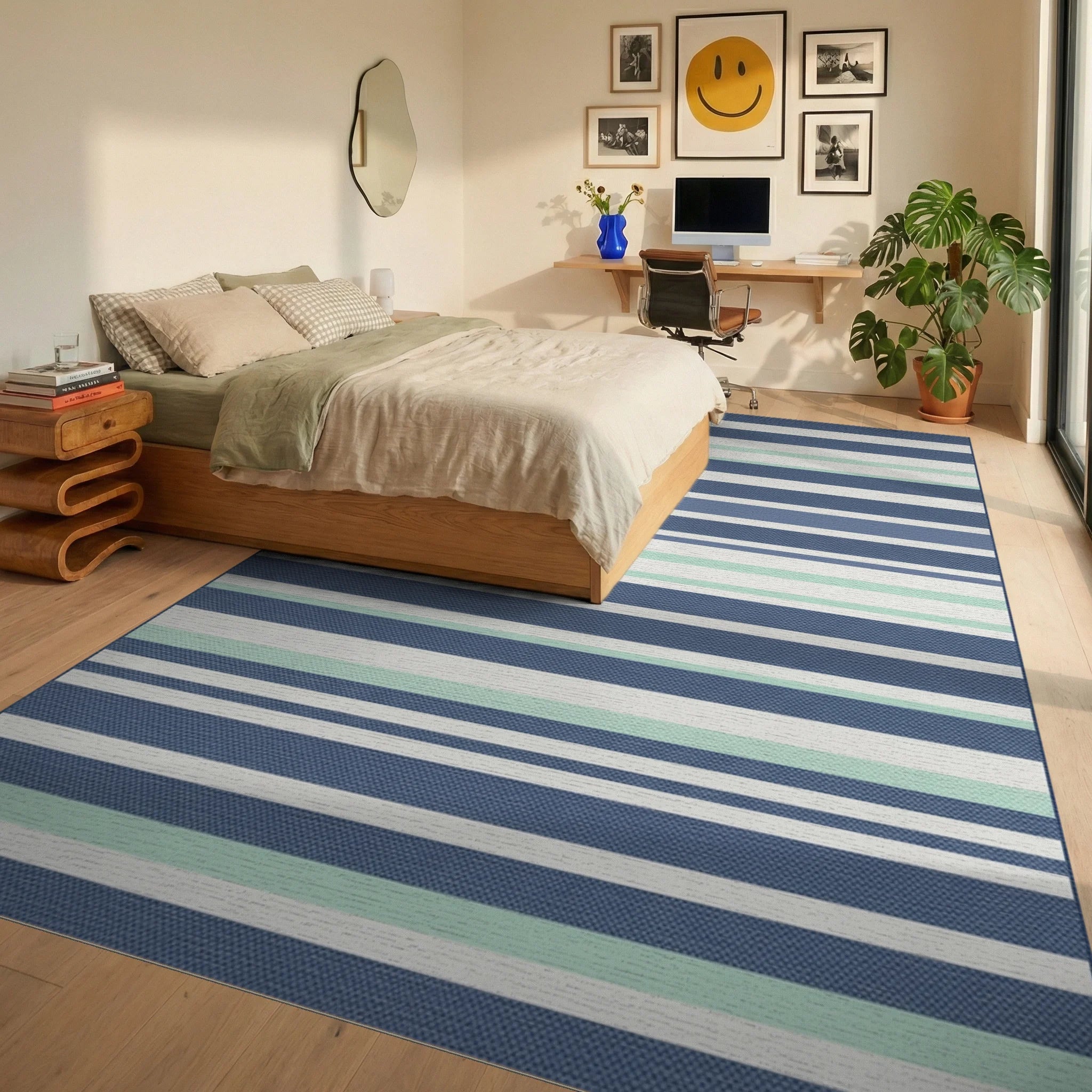 Classic Blue White Green Striped Rug Bedroom View