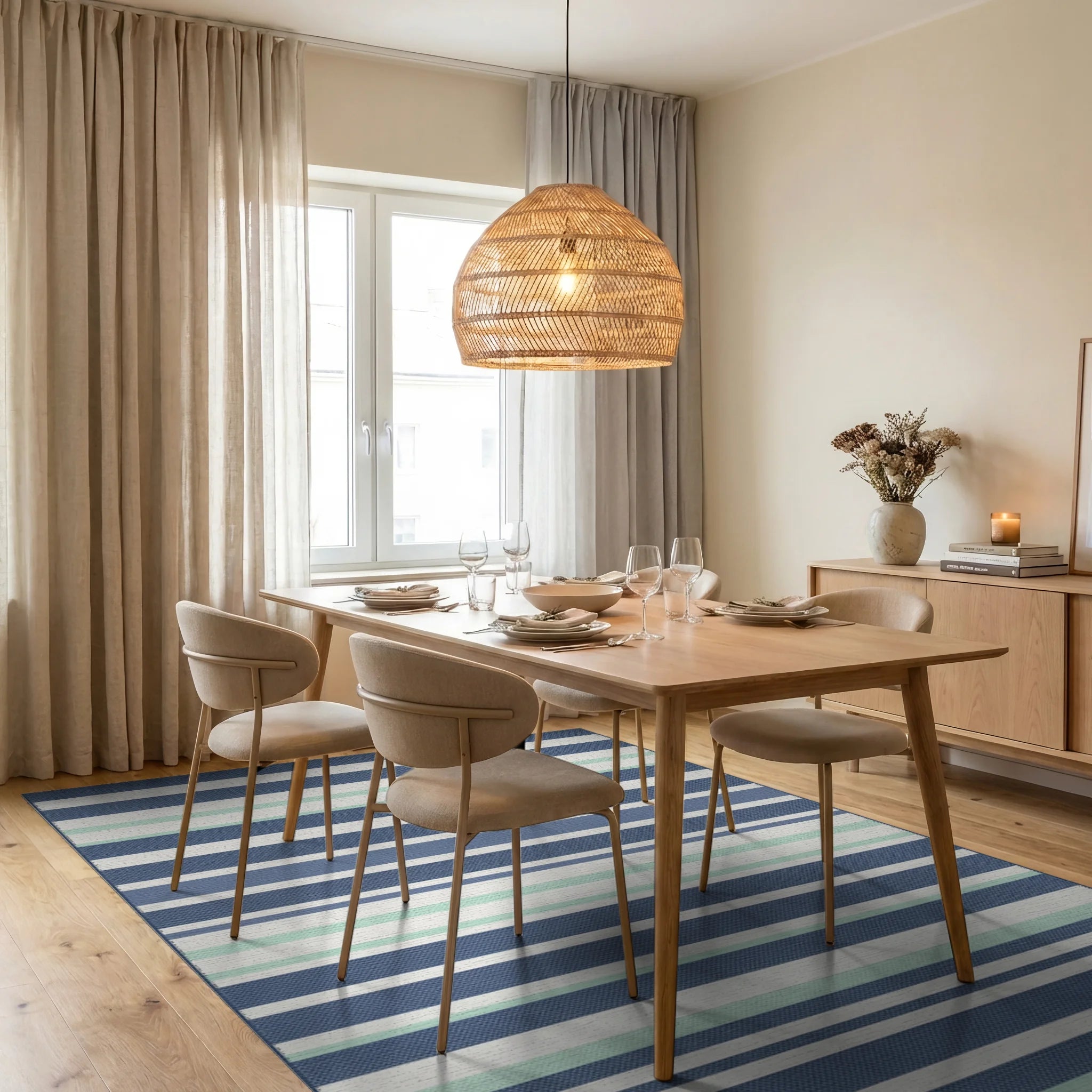Classic Blue White Green Striped Rug Dining Room View