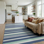 Classic Blue White Green Striped Rug Living Room View