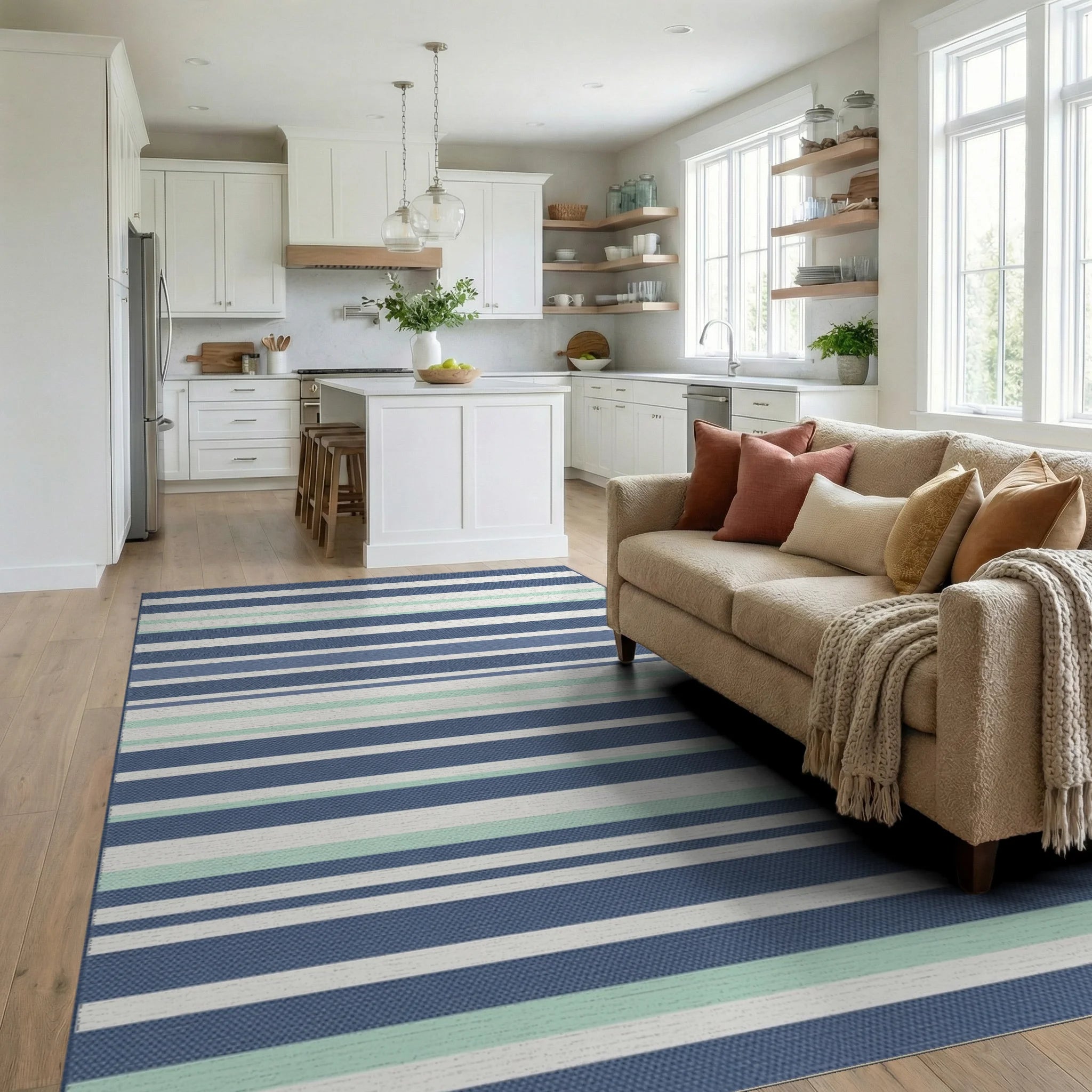 Classic Blue White Green Striped Rug Living Room View