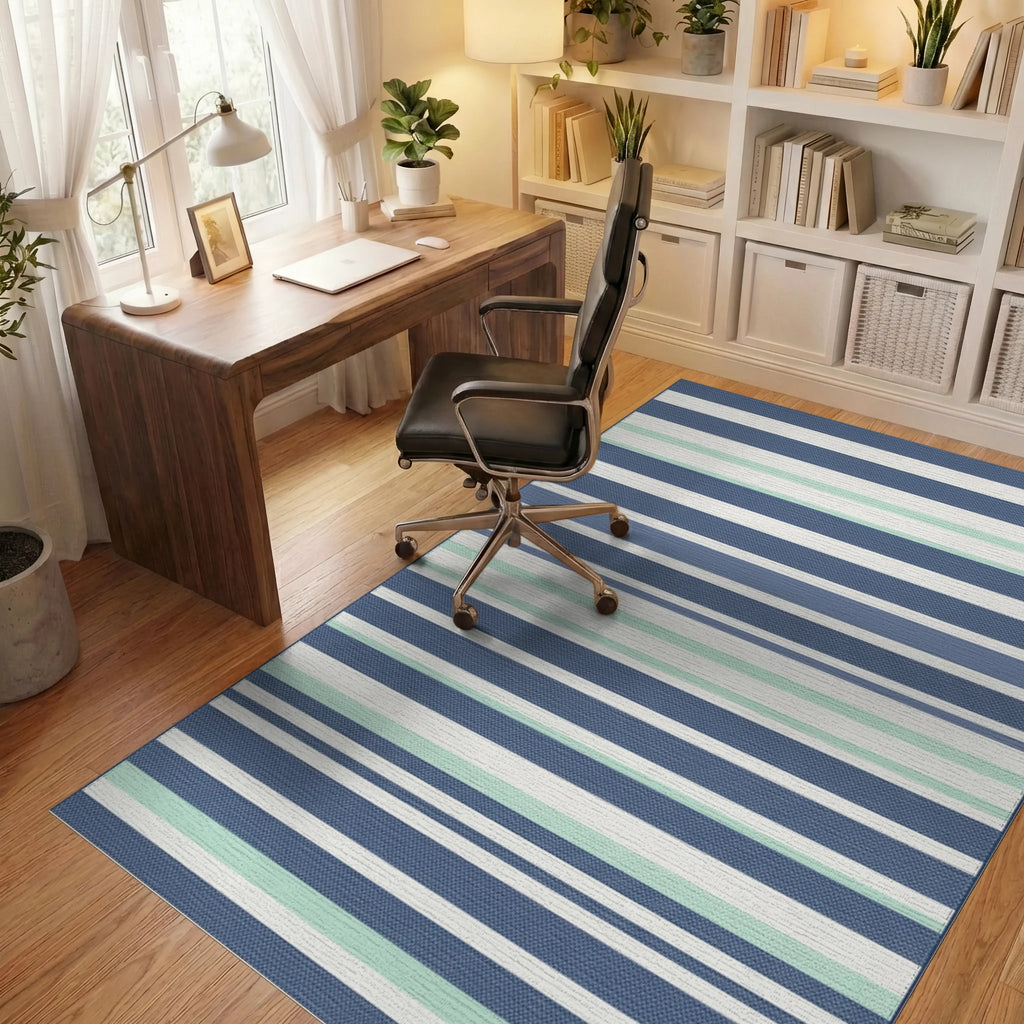Classic Blue White Green Striped Rug Office View