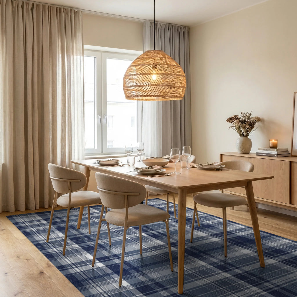 Classic Blue White Plaid Blanket Rug - Dining Room View
