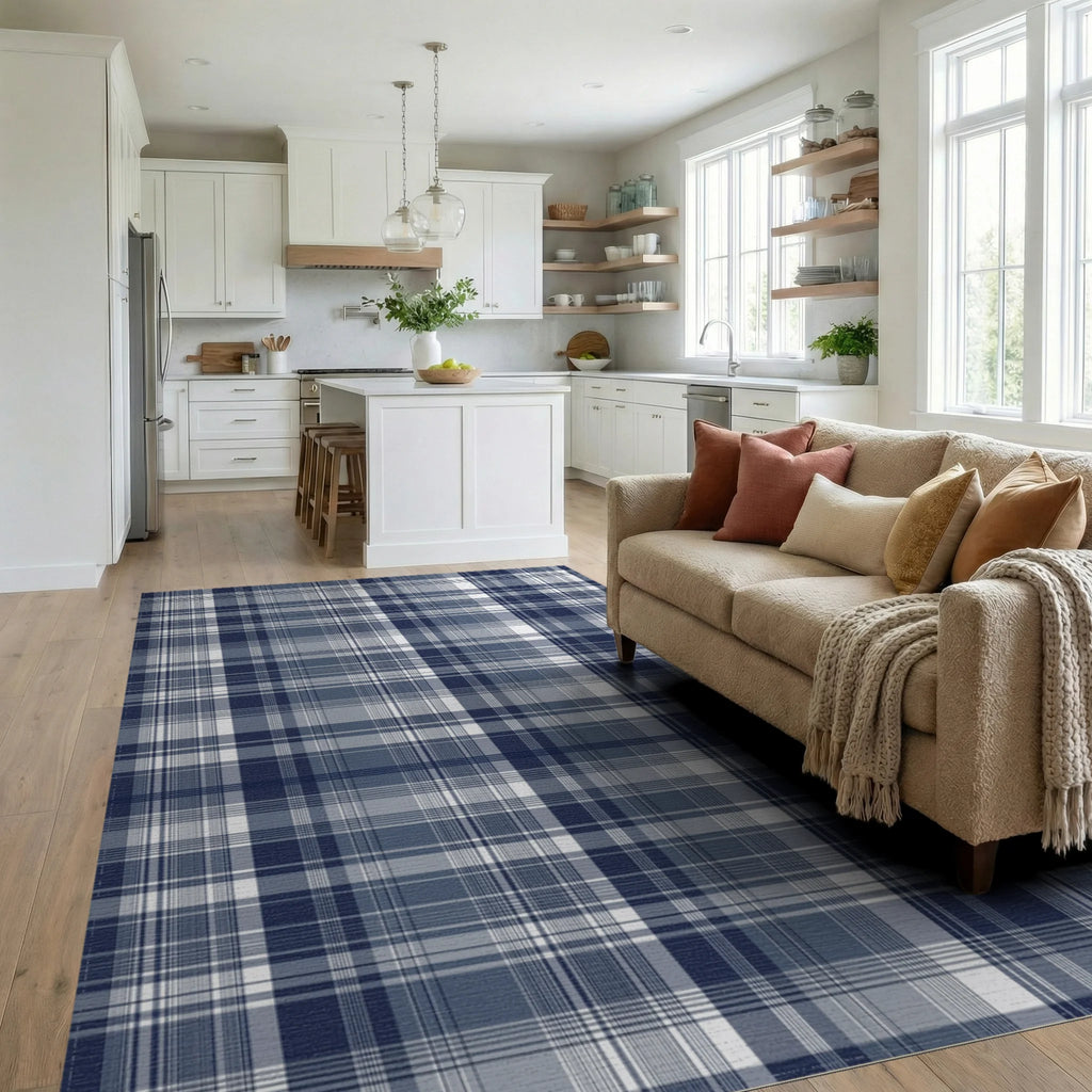 Classic Blue White Plaid Blanket Rug - Living Room View