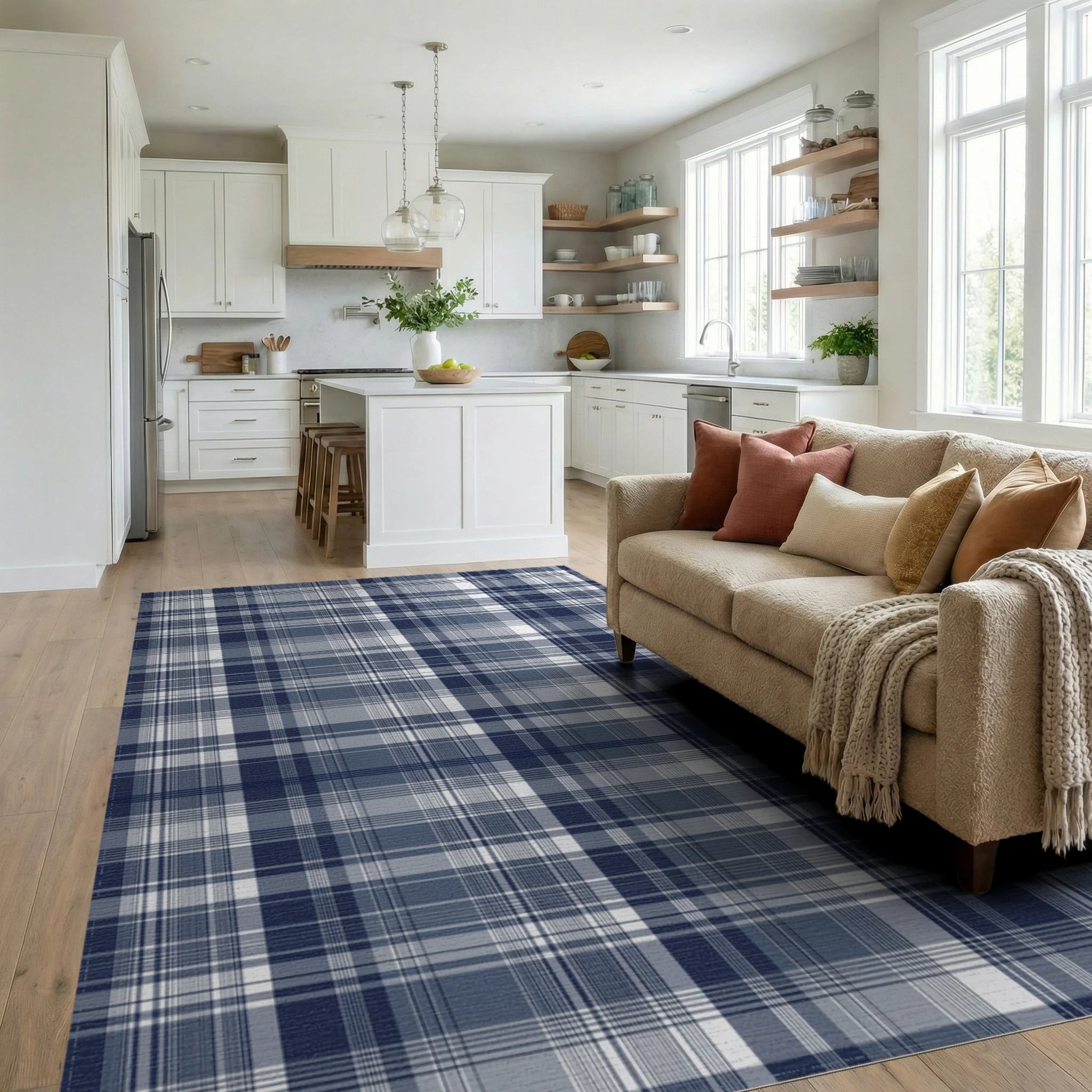 Classic Blue White Plaid Blanket Rug - Living Room View