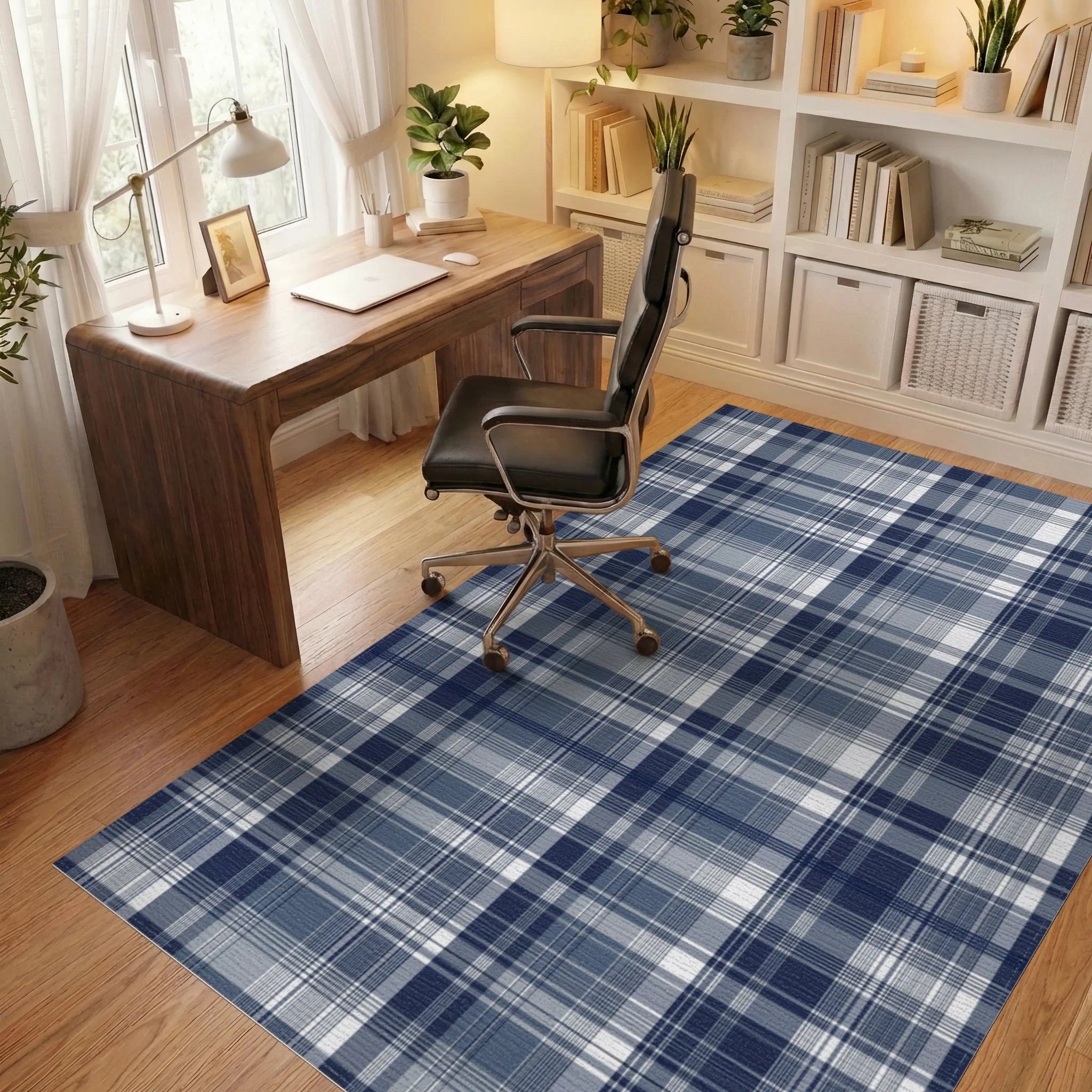 Classic Blue White Plaid Blanket Rug - Office View