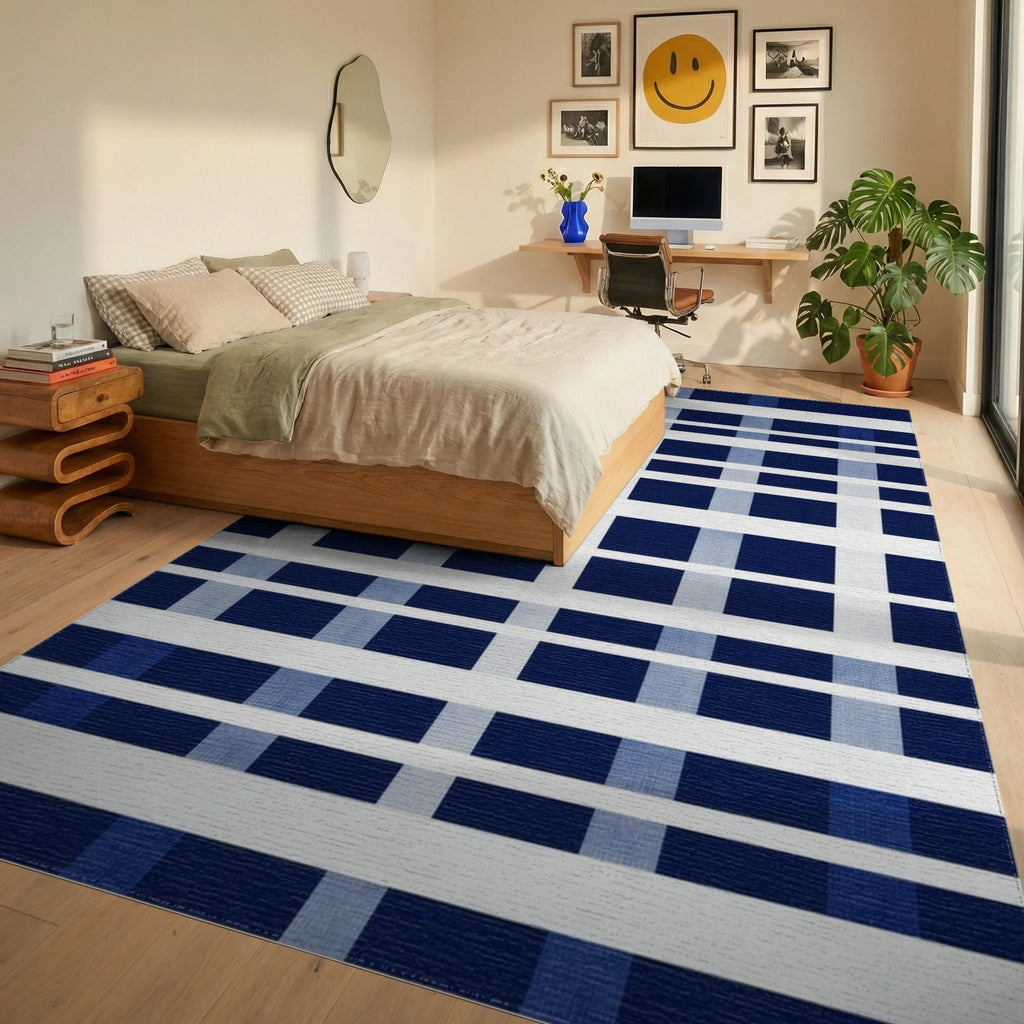 Classic Blue White Plaid Buffalo Check Rug - Bedroom View