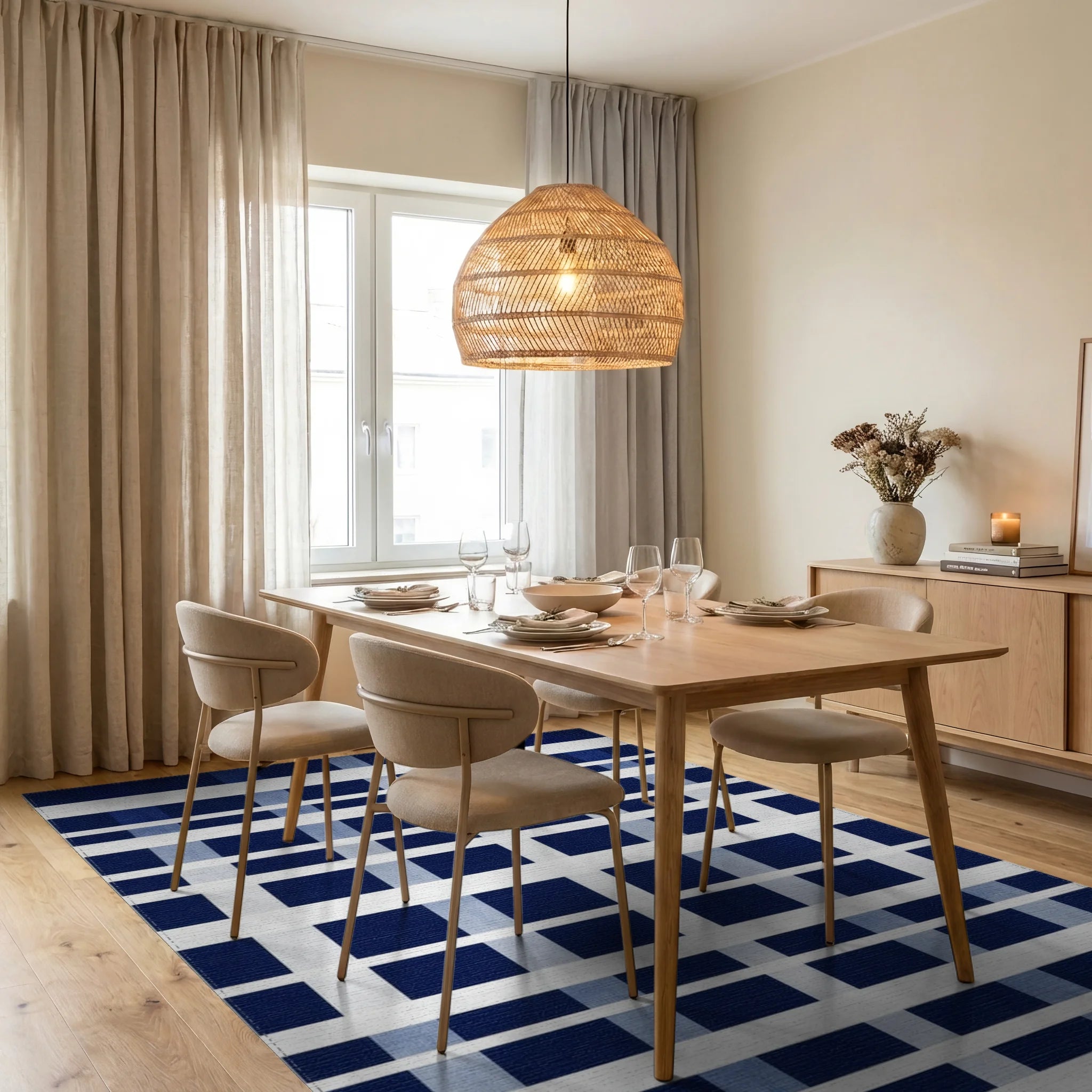 Classic Blue White Plaid Buffalo Check Rug - Dining Room View