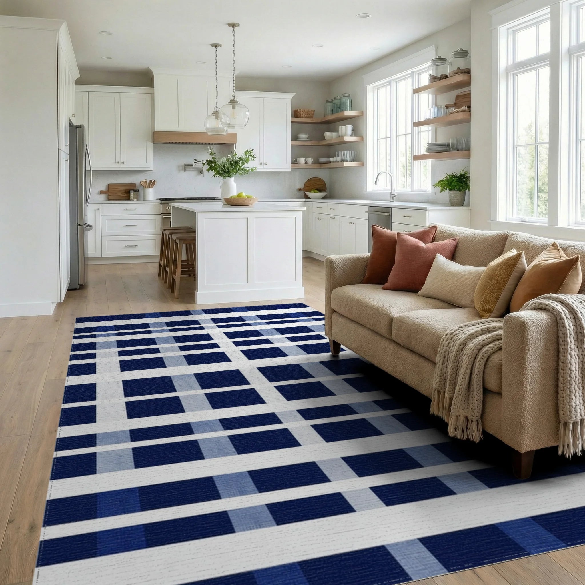 Classic Blue White Plaid Buffalo Check Rug - Living Room View