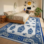 Classic Blue White Vase Floral Rug - Bedroom View