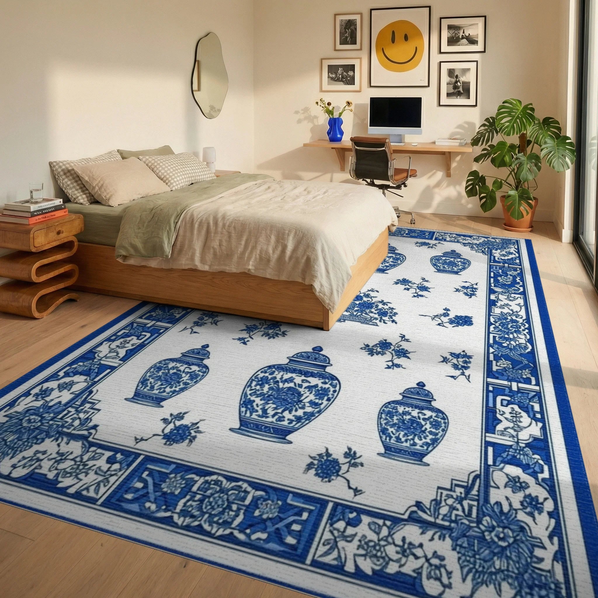 Classic Blue White Vase Floral Rug - Bedroom View