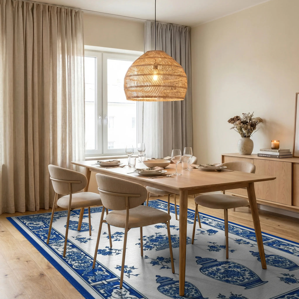 Classic Blue White Vase Floral Rug - Dining Room View