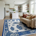 Classic Blue White Vase Floral Rug - Living Room View