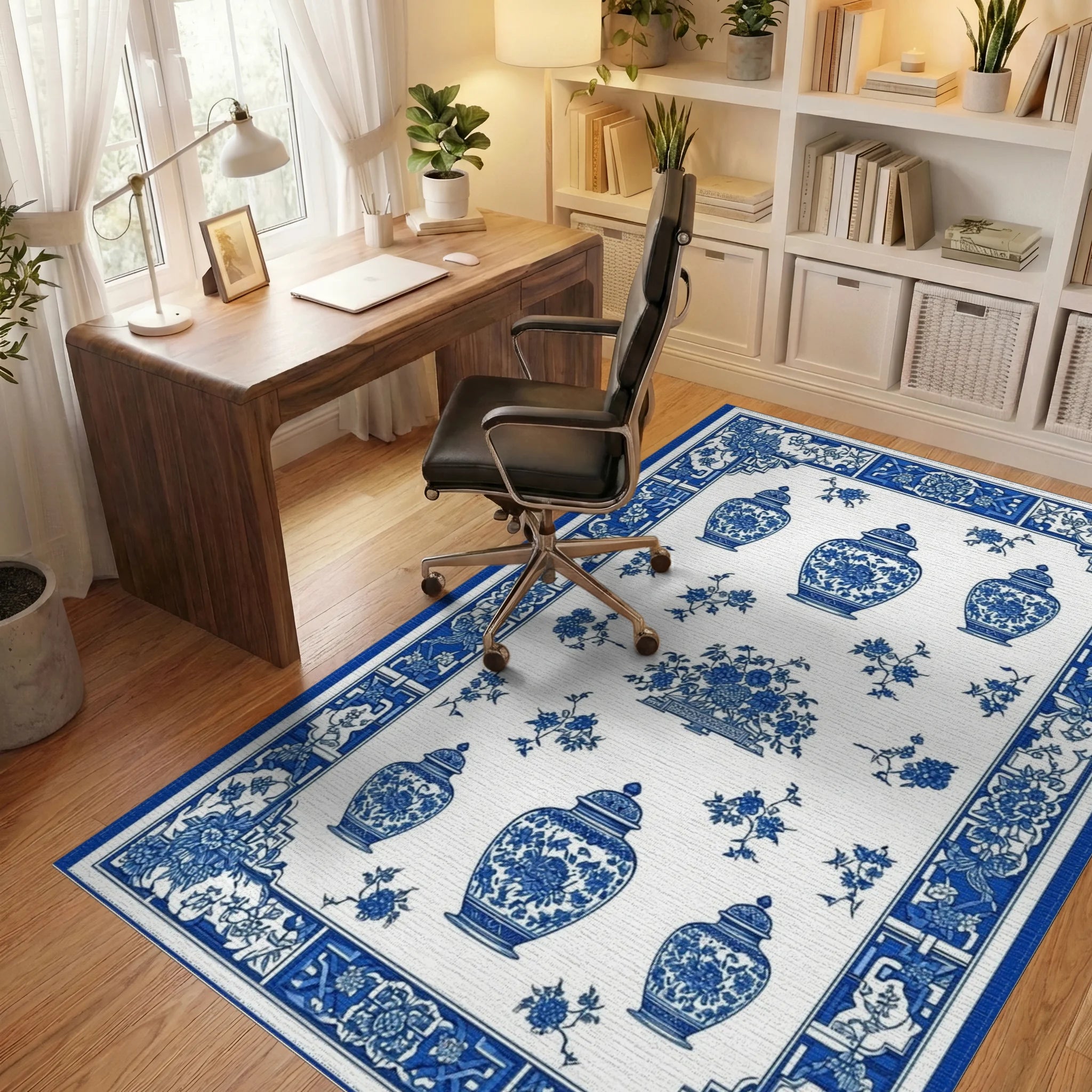 Classic Blue White Vase Floral Rug - Office View