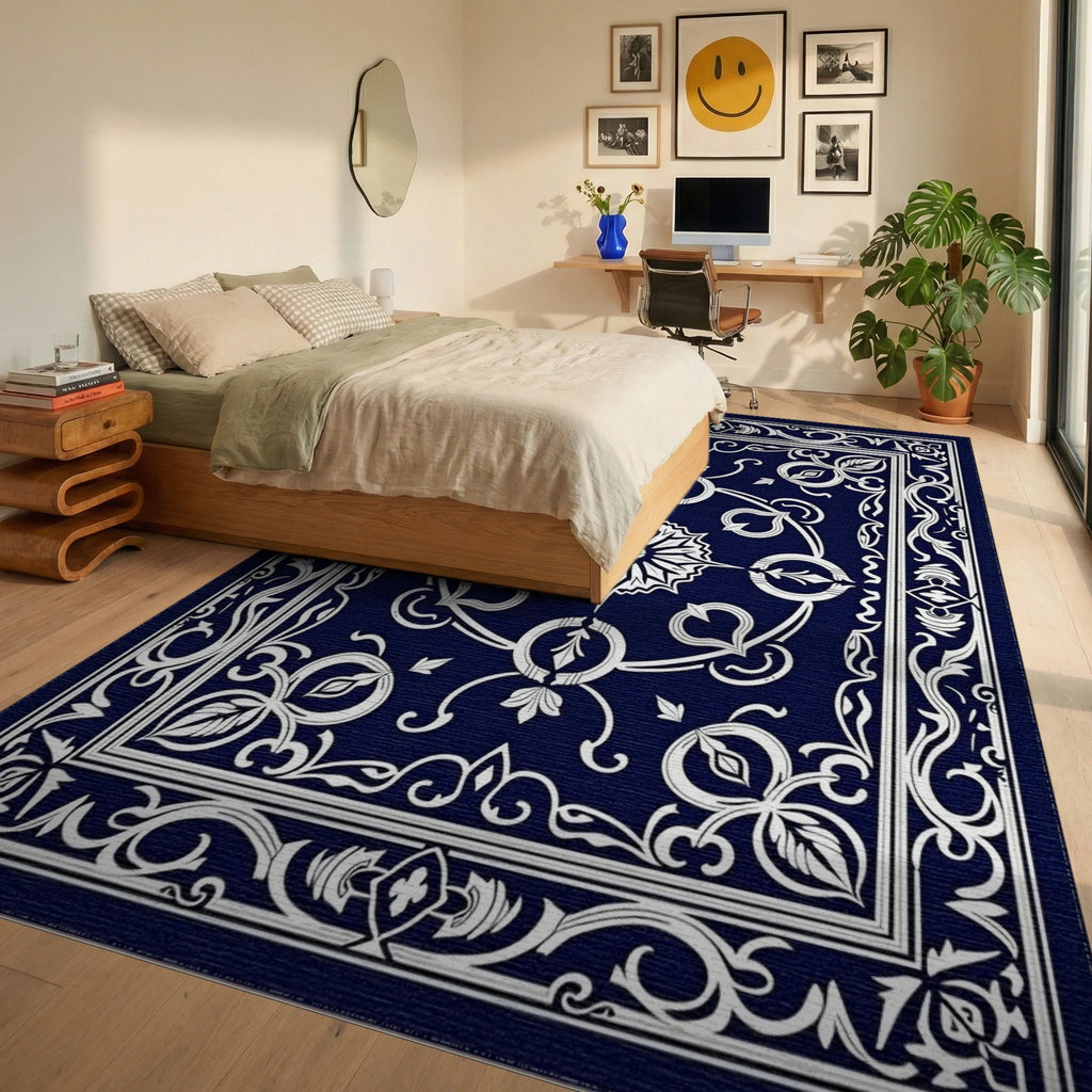 Classic Dark Blue White Floral Pattern Rug Bedroom View