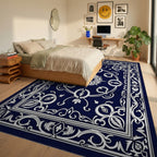 Classic Dark Blue White Floral Pattern Rug Bedroom View