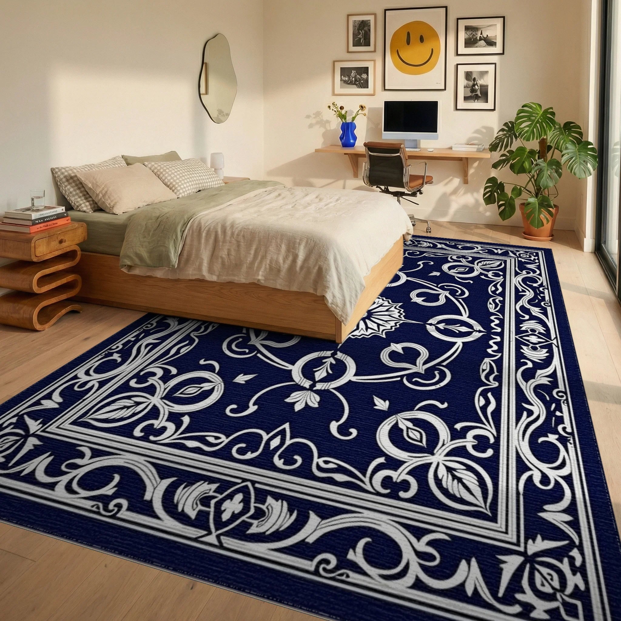 Classic Dark Blue White Floral Pattern Rug Bedroom View