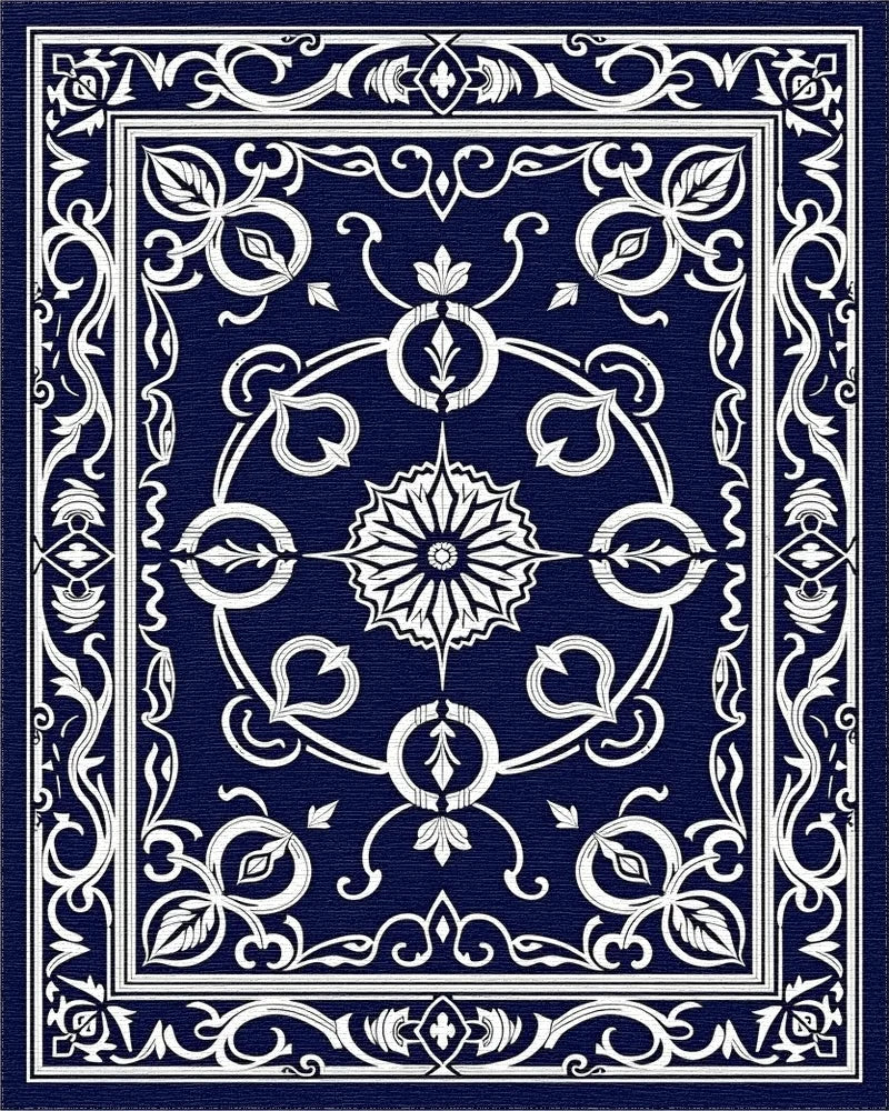 Classic Dark Blue White Floral Pattern Rug - Cutout View