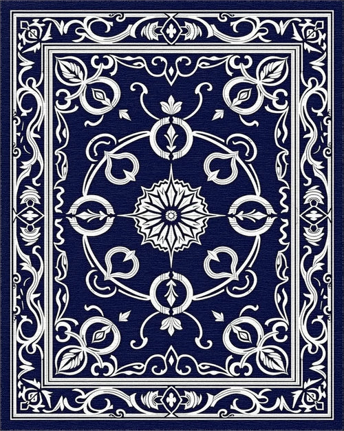 Classic Dark Blue White Floral Pattern Rug - Cutout View