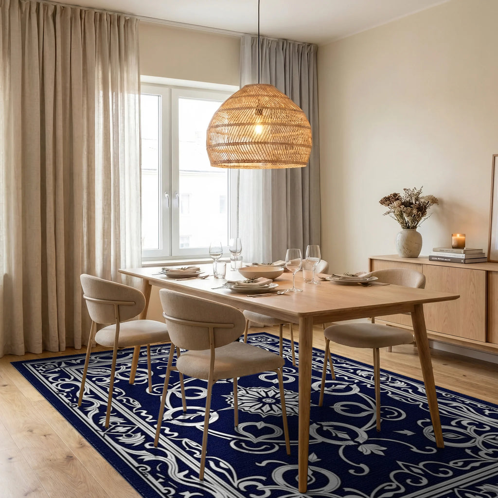 Classic Dark Blue White Floral Pattern Rug Dining Room View