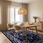 Classic Dark Blue White Floral Pattern Rug Dining Room View